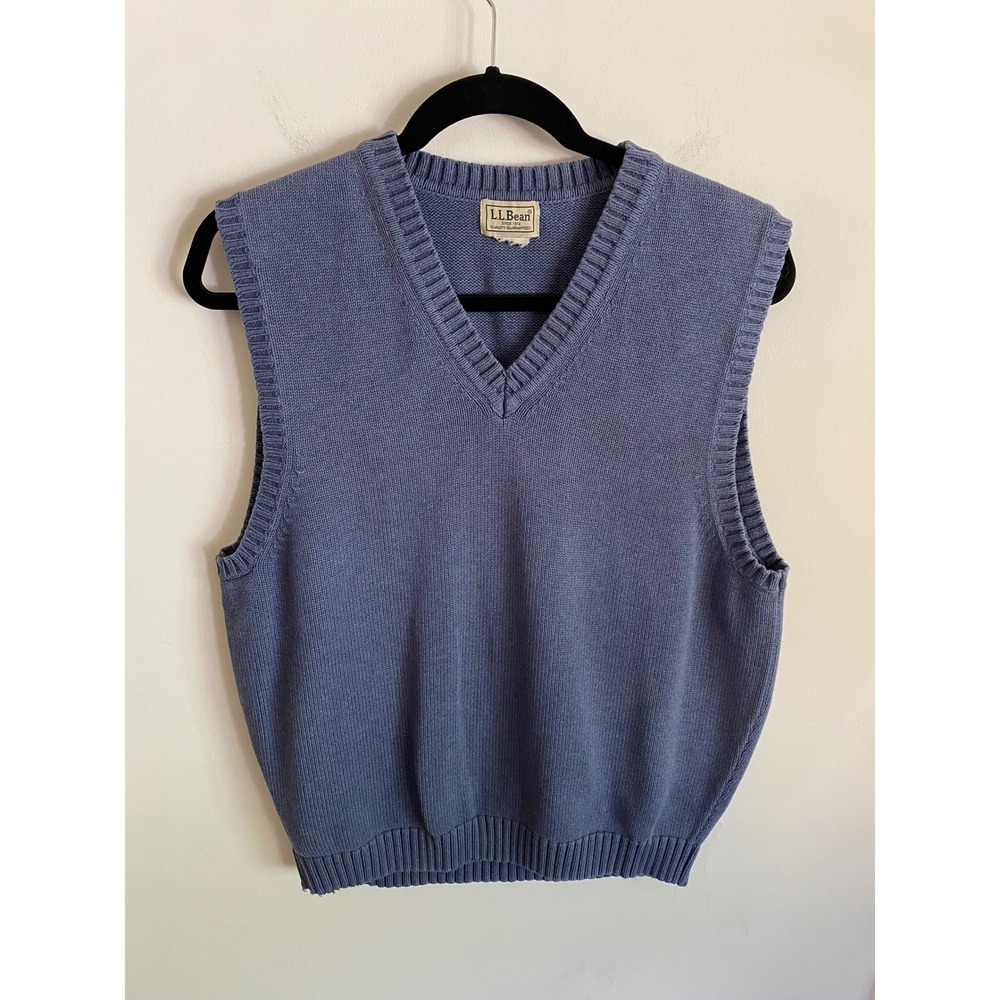 LL Bean Mens Blue V-Neck Knit Sweater Vest Solid‎ Ribbed Trim Sleeveless Regular